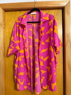 Vibrant Pink & Orange Patterned Short-Sleeve Blouse